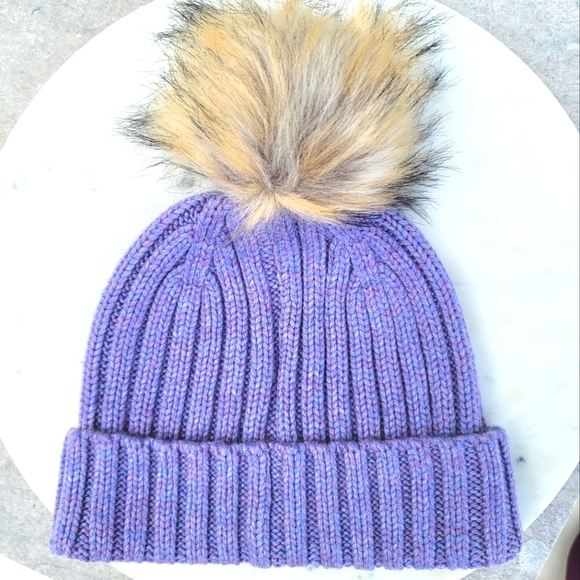 🆕️ J Crew Ribbed beanie with faux-fur pom-pom Purple